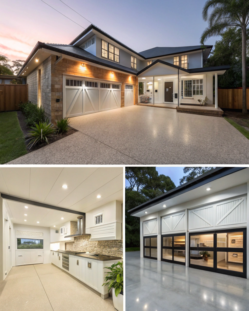 Four-panel composite showing four different epoxy garage floor colour options