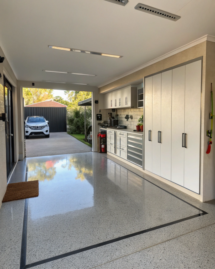 Pristine residential Brisbane garage with a high-gloss epoxy floor