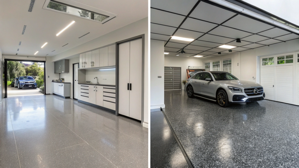 Side-by-side comparison of two Brisbane double garage epoxy floors