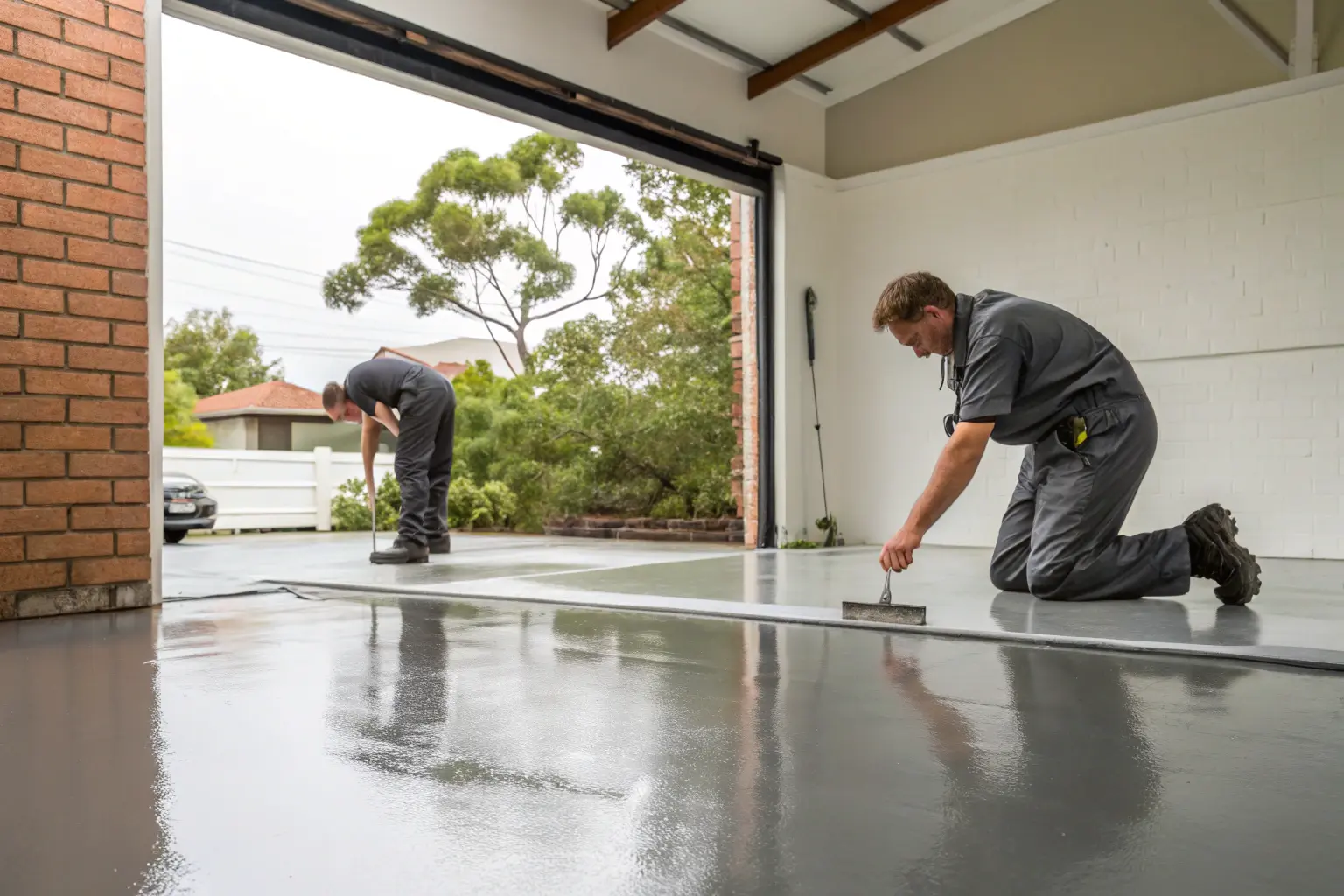Epoxy flooring team installing a metallic epoxy floor in a South Brisbane garage