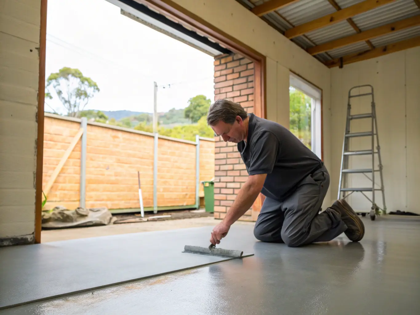 Tradesperson applying epoxy resin to a garage floor in South Brisbane
